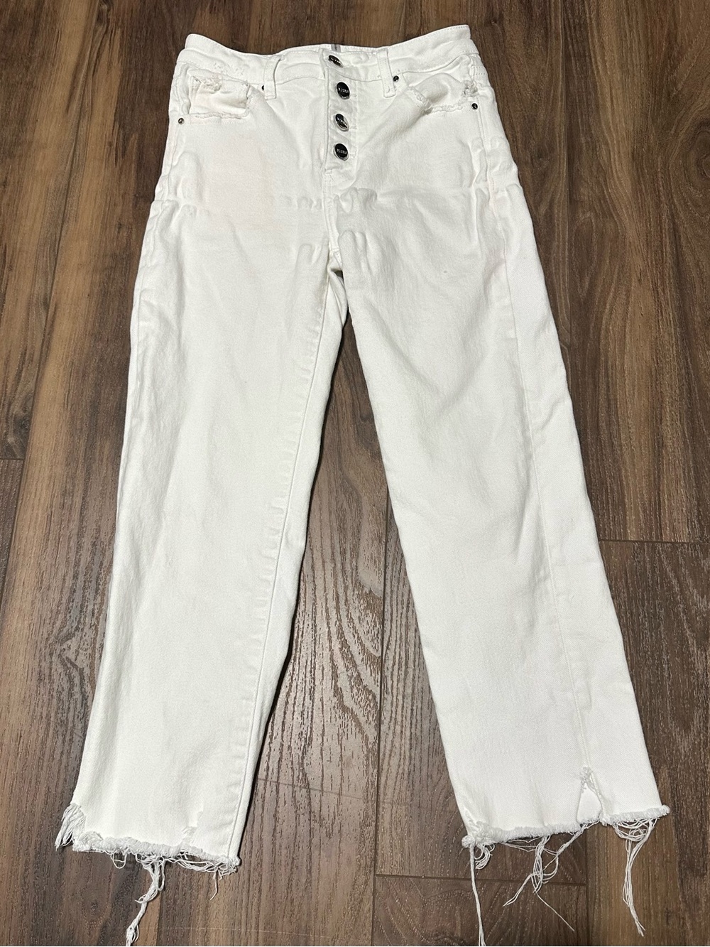 Risen High Rise White Button Fly Crop Raw Hem Jeans 7/28 Straight Leg